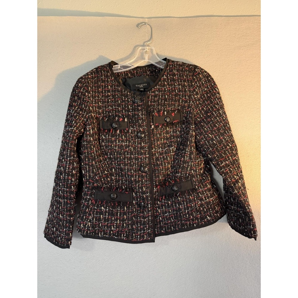 Talbots Blazer Jacket Womens 6P Black Tweed Button Front Pockets Collarless